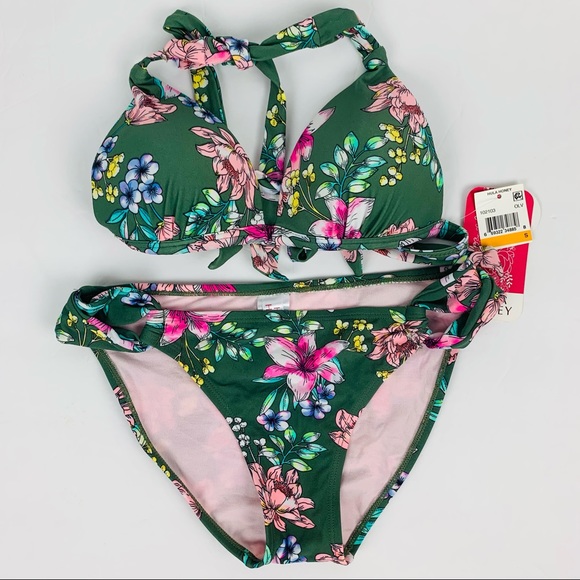 🔥HULA HONEY🔥2-Piece Swimsuit Olive Tropic Floral Push Up Bikini Small NWT - Picture 5 of 6